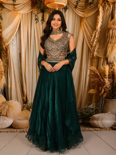 Peacock Blue Floral Sequins Embroidered Design Organza Lehenga with Choker Dupatta